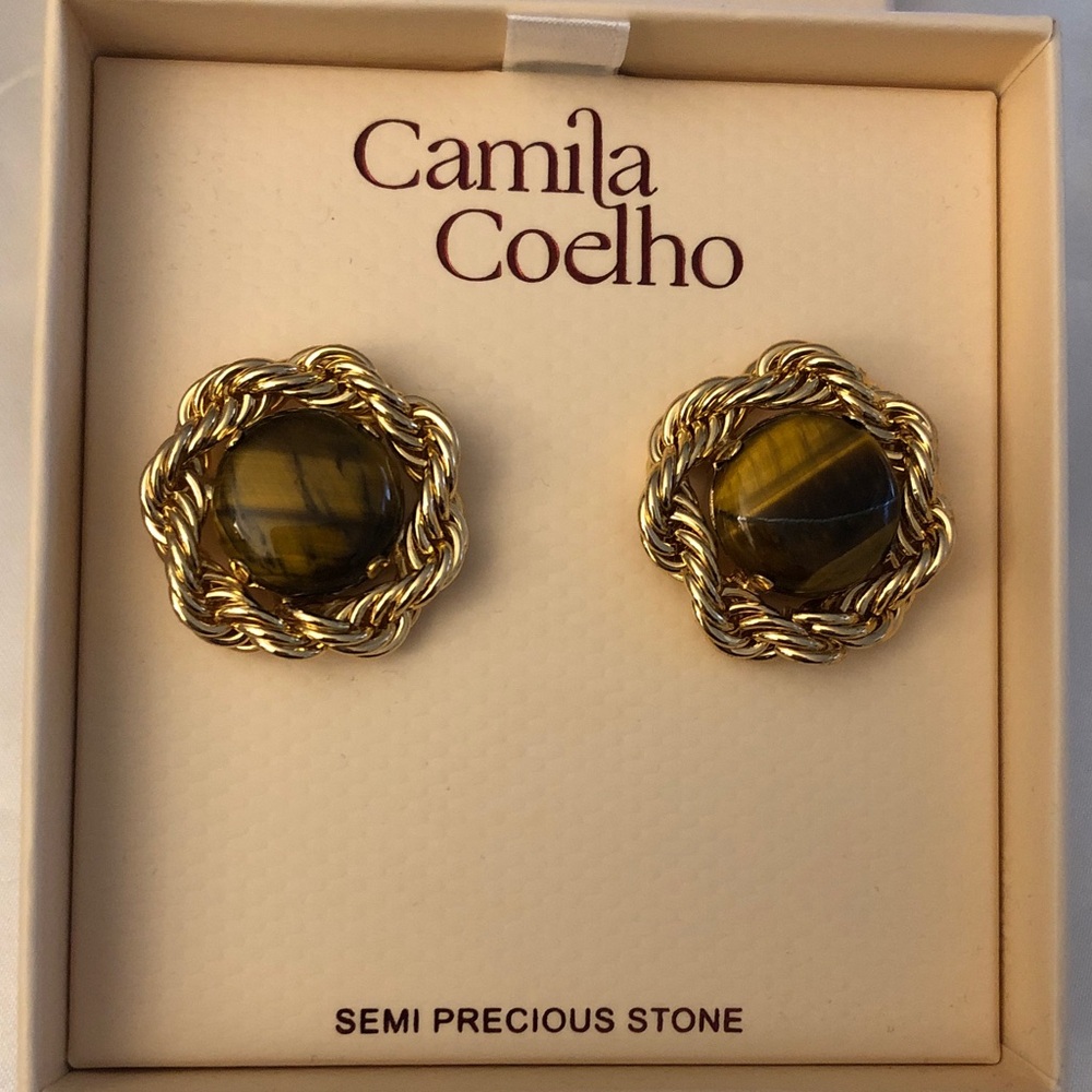 Camila Coelho Gold Tone Braided Knot Button Stud Earrings Tiger's Eye Stone NIB